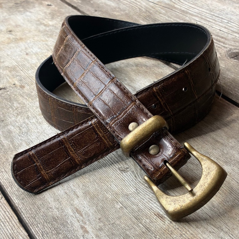 Vintage SLT Brown Alligator Croc Embossed Leather Belt 38 Antique Brass Buckle